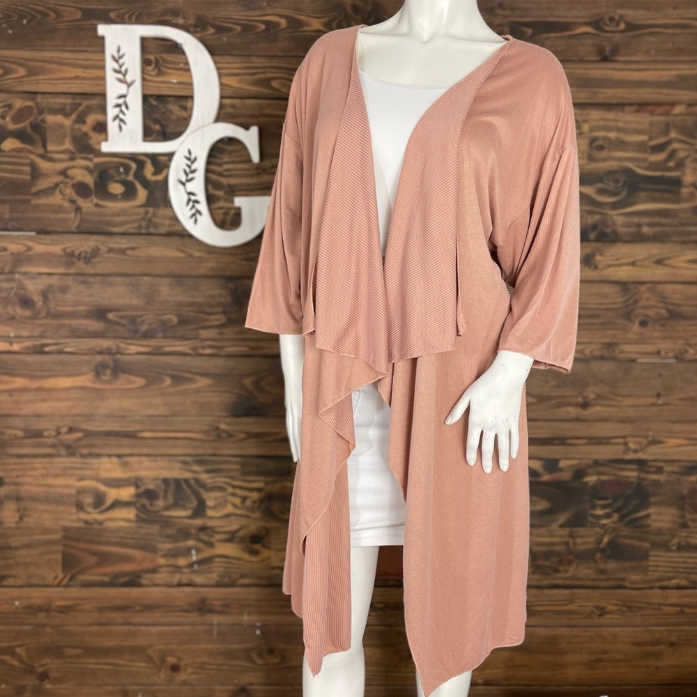 LuLaRoe | Ribbed Knit Waterfall Duster Cardigan Dusty Rose Pink Quarter Sleeve